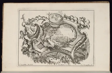 Cartouche avec Putto soufflant dans une conque, Livre de Cartouches Irréguliers