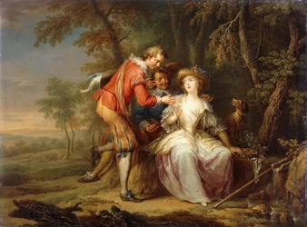 Scènes allégoriques amoureuses dans des paysages boisés