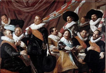 Le Banquet des officiers de la corporation des archers de Saint-Georges de Haarlem. Peinture de Frans Hals (vers 1580-1666), 1627. Soleil. 179 x 257.5 cm, Haarlem, musée Frans Hals, Hollande