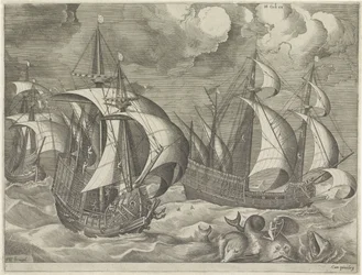 Trois navires de guerre, au premier plan Arion sur un dauphin