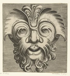 Masque avec barbe et moustache bouclées, une touffe de boucles repose sur l