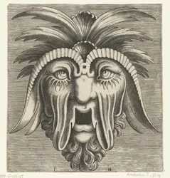 Masque avec une bouche édentée ouverte, des joues tombantes et des touffes sur la tête