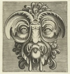 Masque avec des assiettes autour des yeux et une touffe de boucles sur la tête