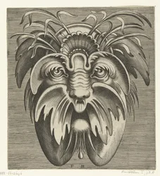Masque avec des joues tombantes et une moustache, des herbes dans les cheveux