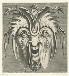 Masque avec joues tombantes et grappes de baies dans les cheveux Pourtraicture ingenieuse de plusieurs facons de masques... (titre de la série)