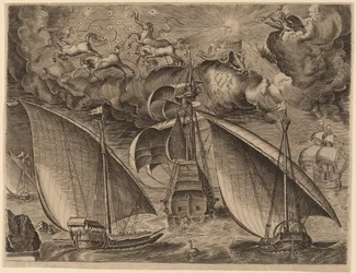 Deux Galères derrière un Trois-Mâts Armé avec Phaéton et Jupiter dans le Ciel