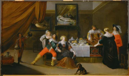 Scène de société avec un tableau de Danaé en arrière-plan