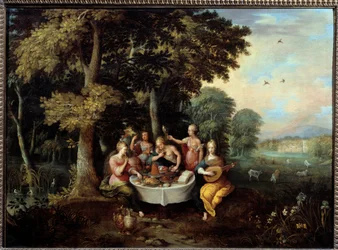 Les cinq sens. Jeunes femmes dans un paysage avec banquet (goût), musique (ouïe), miroir (vue), bouquet de fleurs (odorat) et caresse (toucher). Peinture de Franz Francken II le Jeune (1581-1642) XVIIe siècle Toulouse, musée