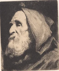 Vieil homme aveugle de profil avec capuche sur la tête