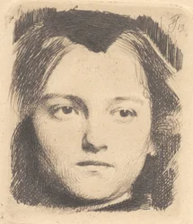 Jeune tête de femme, de face, avec une pointe. Plaque d