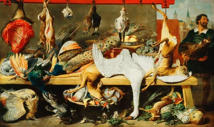 Étal de boucher avec des chats et des chatons jouant et un boucher tenant une tête de sanglier