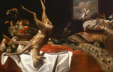 Un Cerf Mort et des Oiseaux, un Homard sur un Plat, un Panier de Fruits et de Légumes