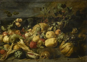Fruits et légumes avec un singe, un perroquet et un écureuil