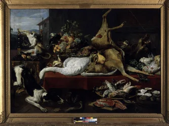 Nature morte de gibier, poisson, fruits et légumes