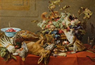 Nature morte avec fruits, gibier mort, légumes, singe vivant, écureuil et chat