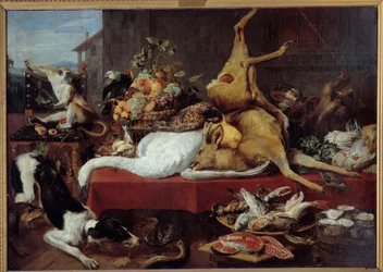 Nature morte avec gibier (faisan, oie, cerf), tranche de poisson, crabe, légumes