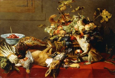 Une corbeille de fruits sur une table drapée avec du gibier mort et un singe