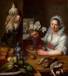 Scène de cuisine avec scène du Christ à Emmaüs