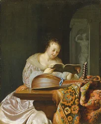 Intérieur avec une femme lisant de la musique à une table partiellement drapée avec un luth à double tête, 1671