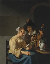 Femme avec des partitions et homme avec un violon