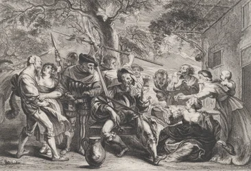 Don Quichotte et les troupes de La Santa Hermandad devant une taverne, vers 1635-79