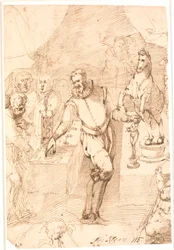 Homme debout en costume du 16e siècle, dans une pièce, entre deux tables avec des sculptures et une horloge, des pièces de monnaie, etc., ainsi que sept-huit autres personnes