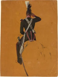 Un officier de cavalerie monté vu de dos