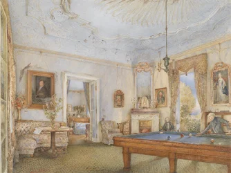 Intérieur Biedermeier avec un homme jouant au billard