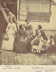 [Portrait de groupe de quatre femmes et trois enfants], 1850s-60s