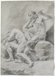 DEUX HOMMES NUS, DORMANT ET JOUANT DE LA FLÛTE