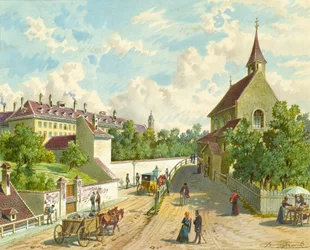 La rue Währinger à Vienne avec la maison de soins "Zum Blauen Herrgott" et la "chapelle Krawoten"