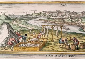 Conil de la Frontera, les pêcheurs sèchent le poisson, le coupent, le vendent et le mettent en barils pour la vente, de "Civitatis Orbis Terrarum"