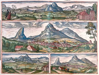 Rocher des Amoureux - Archidona, près de Malaga, Espagne. Deux de la montagne La Peña de los Enamorados et deux du village Archidona (gravure)