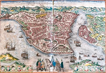 Plan de Byzance, rebaptisée Constantinople (Byzantium nunc Constantinopolis) (Istanbul actuelle)