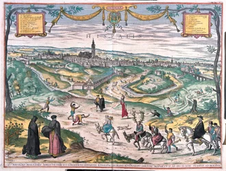 Séville, Espagne. Avec une scène de punition : une entremetteuse ou une adultère, a été enduite de miel et est envahie par les abeilles. Le cocu suit derrière, portant des bois et une chaîne de cloches. La procession est accompagnée de magistrats (gravure)