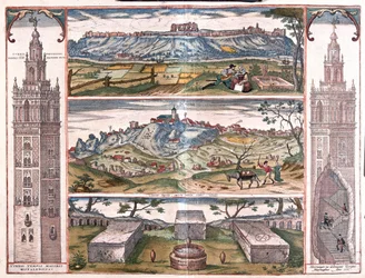 La Giralda de Séville, Espagne - 5 vues : San Juan sur Guadalquivir, Gerena, 3 tombes romaines et tours sur le côté, une coupe montrant George Hufnagel montant à cheval