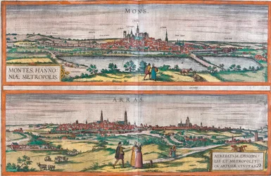 Vues de Mons (Belgique) et Arras, France (eau-forte)