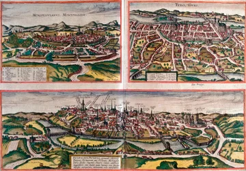 Vues de Montpellier (Monspessulanus), Tours (Turo) et Poitiers (Pictavis), France (eau-forte)