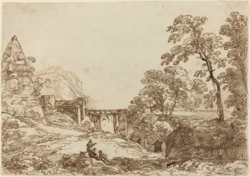 Paysage avec une pyramide et des ruines classiques
