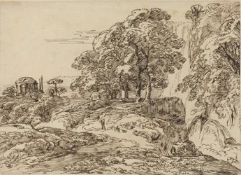 Paysage pastoral avec une cascade et un temple