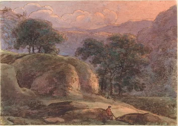 Voyageur dans un paysage montagneux au coucher du soleil