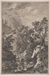 Planche 6 : deux figures masculines debout sur un rocher à droite, une cascade au centre avec un..., vers 1700-25