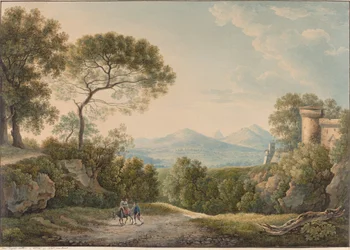 Vue de Tivoli à travers la vallée du Tibre au coucher du soleil