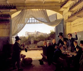 Louis II de Baviere trinque avec des amis dans la taverne du vin espagnol a Rome. 1824 (huile sur bois)