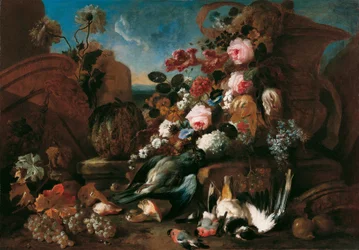 Nature morte avec fleurs, oiseaux morts et ruines