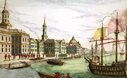 Débarquement des troupes anglaises à New York, 29 juin 1776 (gravure en couleur)