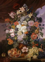 Fruits et fleurs sur un rebord avec paysage. Peinture de Franz Xaver Petter (1791-1866) Collection privee.