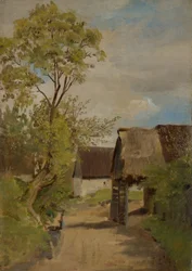 Rue de village à Aresing (?) avec une figure féminine