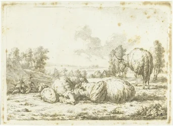 Paysage avec trois moutons et un agneau