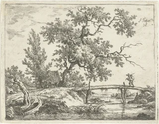 Paysage avec homme sur un pont